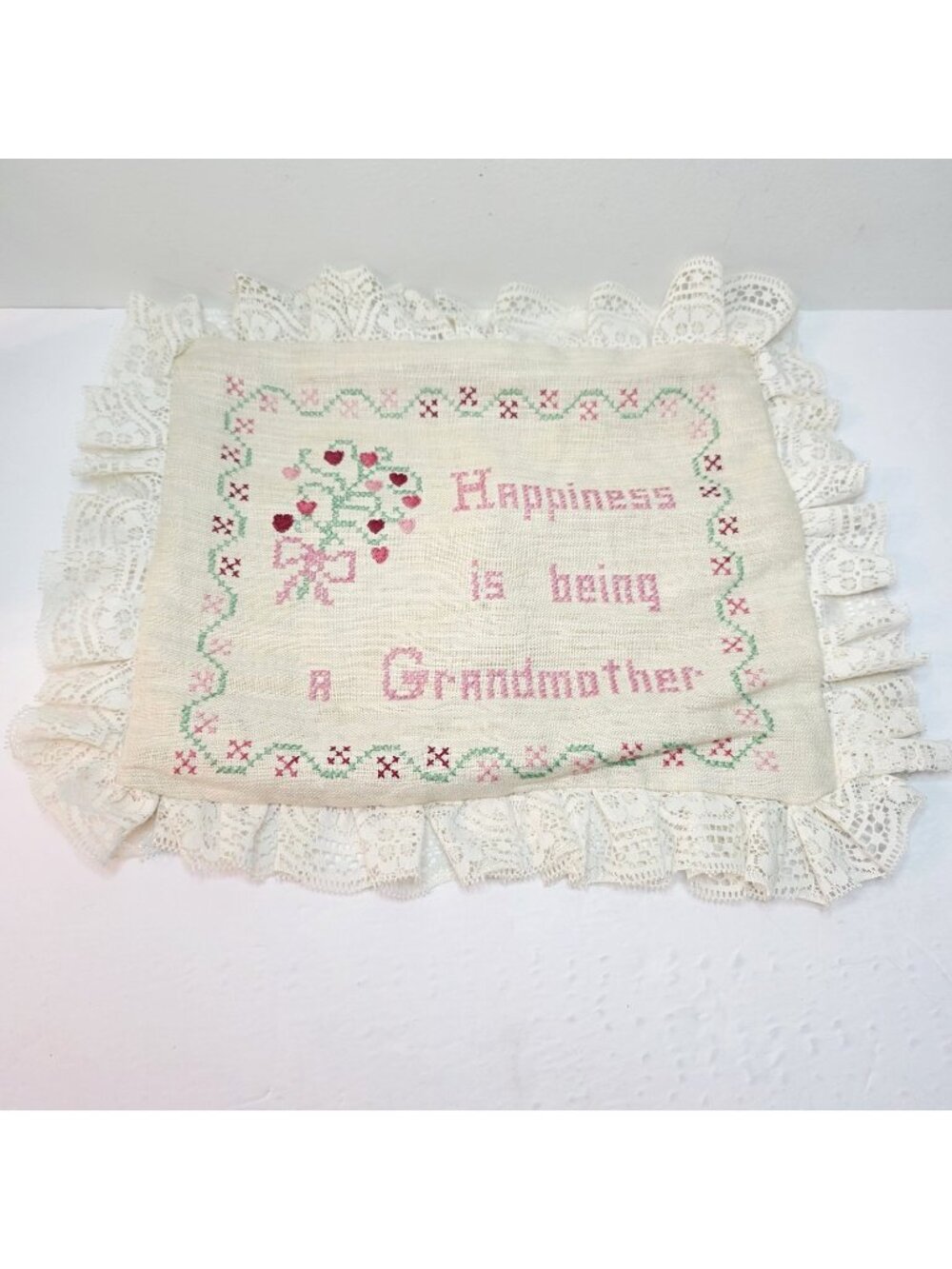 Vtg Handmade Cross Stitched Lace Border Being Grandmother Cottagecore Pillowcase